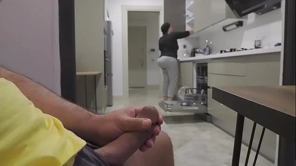 Stepmom caught me jerking off while watching her big ass in the Kitchen.