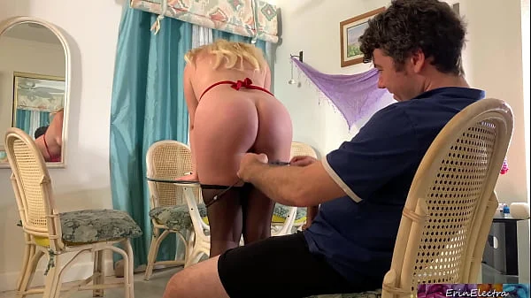 Stepmom caught masturbating at the table gets real cock inside her