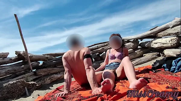 Exhibitionist Wife Outdoor Amateur Milf Handjob Big Cock on Nudity Beach public in front of voyeur with cumshot - MissCreamy