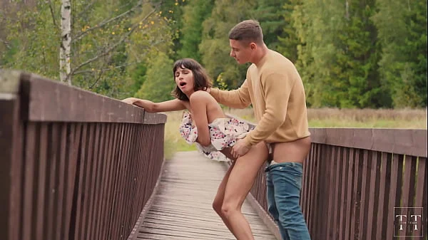 Cum all over his fiancée's tits in the woods