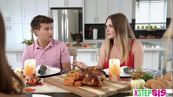Stepsisters Katie Kush and her BFF thanksgiving pie fucked by her stepbro