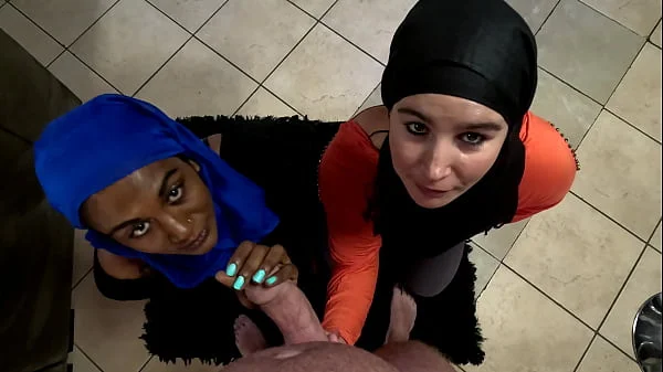 Acting like Muslim women, sucking cock with hijabs on our heads, cum facial