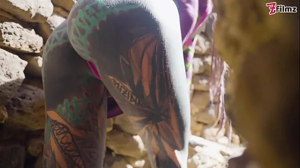 Tattooed girl with pierced pussy gets ANAL fucked outdoors