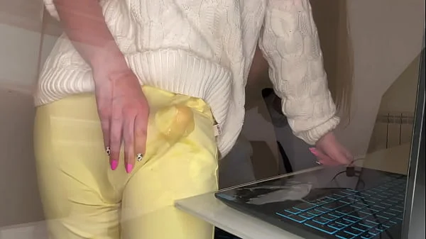 Stepson saw Stepmother’s Big Cumshot through pants in the office