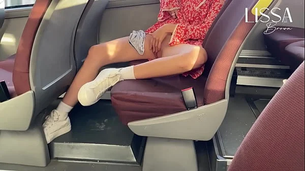 Hot woman shows off and touches herself on public bus