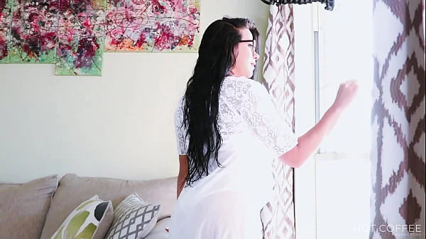 Wife masturbates at the window while the gardener trims the bush and looks from outside then fucks her