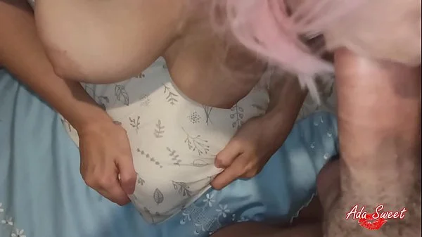 Hot teen with Big Tits sucks hard cock until cum covered