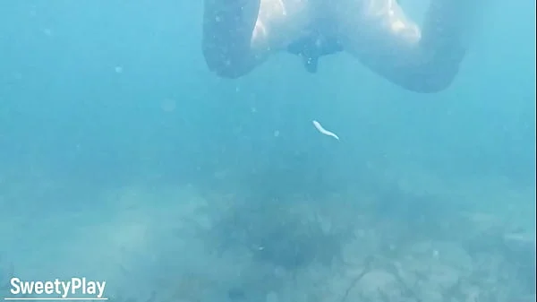 Underwater creampie while swimming after cum inside pussy