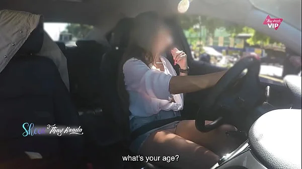 Hot wife Thay Ksada showing off in the car for a stranger and letting him touch her, with English subtitles