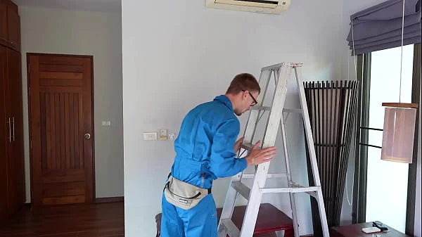 Oh, what a handyman. cleaned the air conditioner and the girl's holes with a tool.