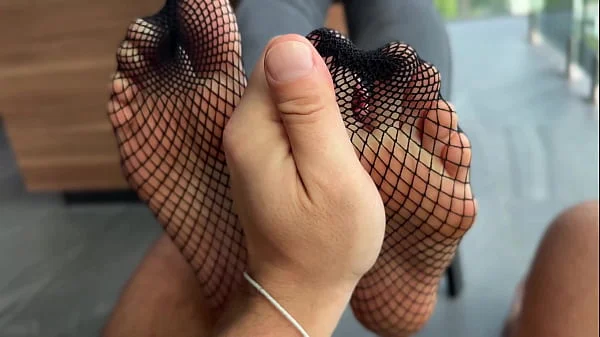 Redhead Gives Footjob After Foot Massage, Fucks And Gets Cum On Feet In Fishnet Stockings POV