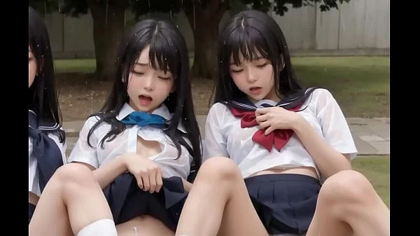 Three Japanese Girls Squirting Outdoor in Rain