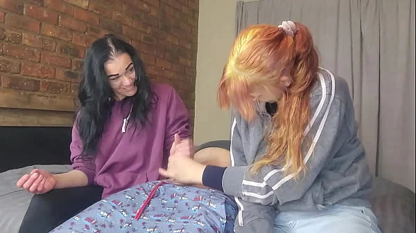 Two shy girls playing with my massive cock