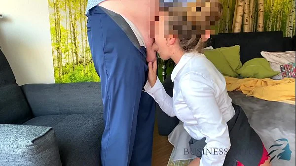 business woman in red lace lingerie gives her boss a nice blowjob and swallows his hot cream, business bitch