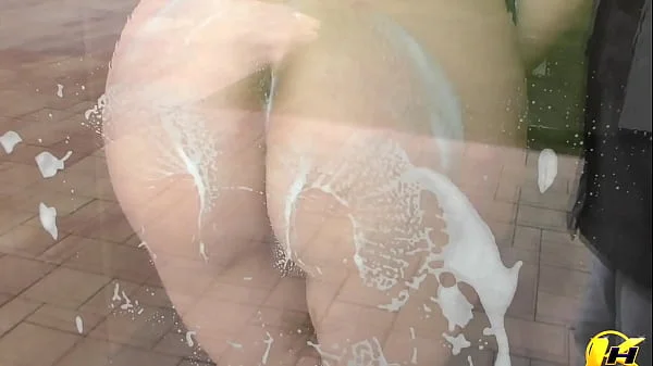 Washing Windows Without Bra and Push Tits and Ass to the Window