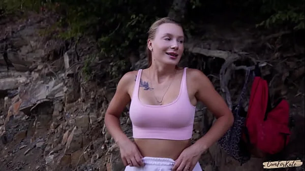 Real sex vlog in the forest. She jokes a lot and swallows cum