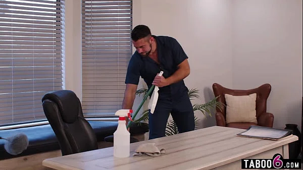 Janitor and office worker DP fuck MILF maid after being caught