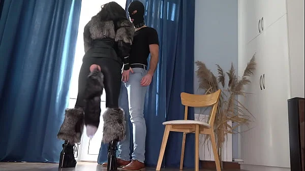 Sexy kitty plays with her sex slave. Femdom in fursuit. Furry fuck. Mistress in fur coat got fucked (Trailer)