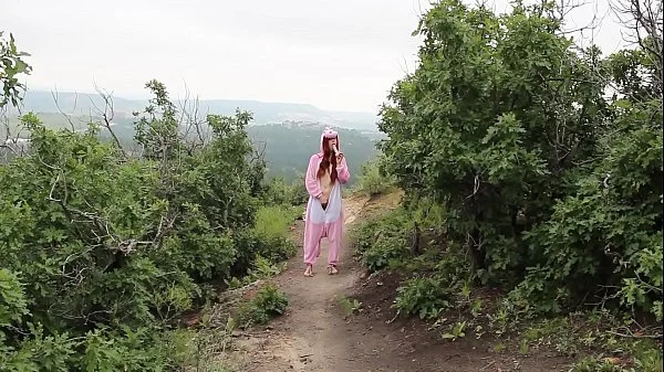 Redhead Fucks Dildo Outside In Dinosaur Costume