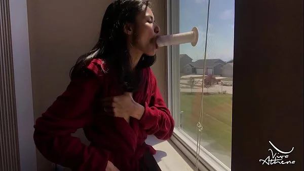 HOME ALONE HORNY DESI SLUT SUCKS AND FUCKS DILDO ON WINDOW