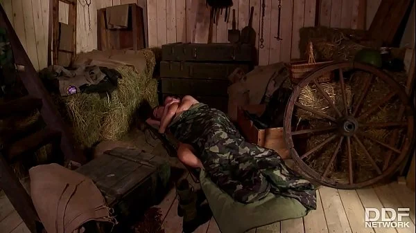 Naughty Redhead Corporal Sophie Lynx double penetrated by her superiors