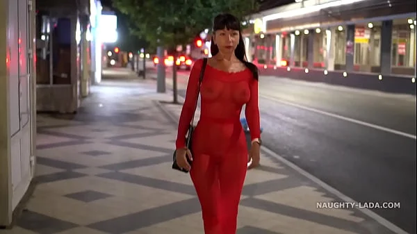 Red transparent dress in public