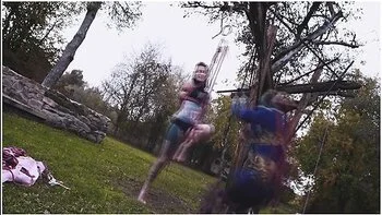 Outdoor Bondage Shibari Suspension - Tattoo Skinny Girl In Ropes On A Tree