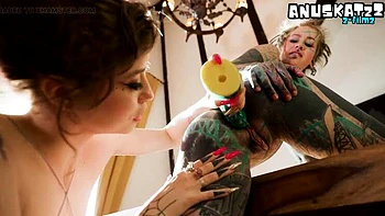 Skinny goth lesbians with tattoos and piercings intimate anal dildo stretching and squirting orgasm