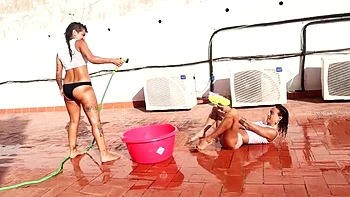 Water Fight Threesome Outdoor Blowjob Cumshot with Magia Rosa