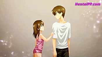 He touches her breasts, rubs his penis against her, and thrusts in and cums inside her.