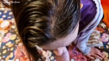 Real Russian Couple Homemade POV - Brunette Natural Tits Blowjob & Cum on Big Cock