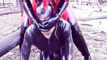 Femdom Humiliation Outdoor: Latex Mistress And Rubber Submissive