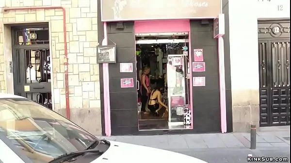 Bare boobs slave banged in public