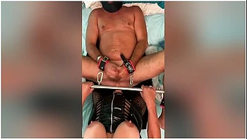 Femdom Pegging Sub Locked In Spreader Bar Till He Cums - Top View