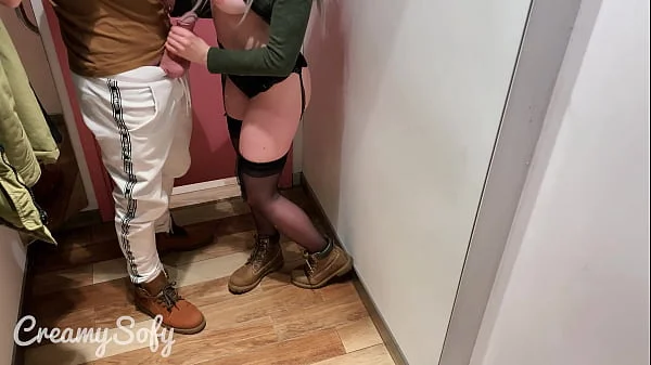 Quick fitting room sex ends with cum on my big boobs