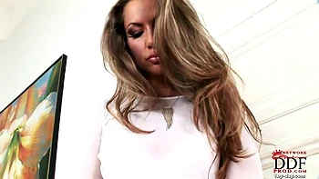 Cramming herself with a glass dildo