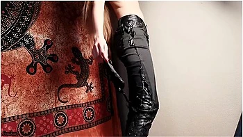 Topless Beauty Pisses Through Her Ruined Leather Trousers