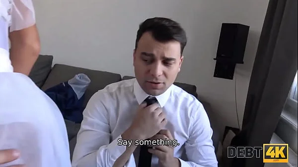 DEBT4k. Debt collector fucks the bride in white dress and stockings
