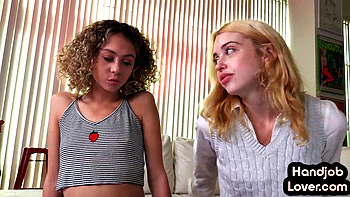 Two petite sluts tease big dick lover