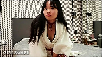 Asian Teen Baebi Hel Playing In Her Kimono And Leather Fetish Gear