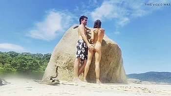 Skinny Brunette Magia Rosa Hides on Rio Beach for Outdoor Blowjob & Sex with Huge Cock