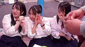 Three beautiful girls in uniform get excited when they see a man's penis and cum all over his hands.