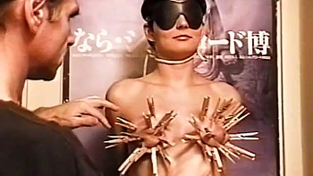 Horny dude loves putting clothes pegs on his slaves tits