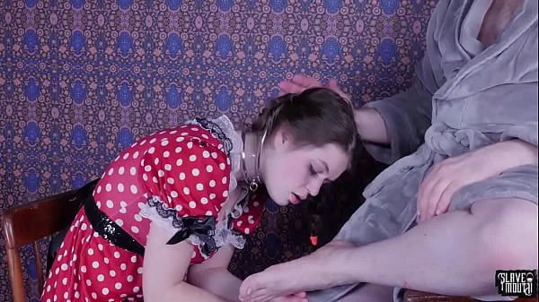 Submissive teen throating cock