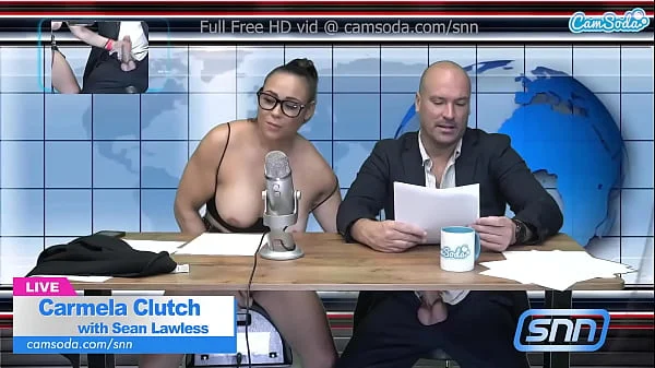 Big Boobs MILF sucks and fucks during live news feed