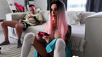 Gamer girl gets her throat fucked hard