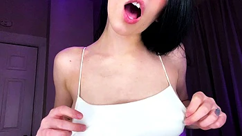 Busty curly brunette with big boobs fucks on couch