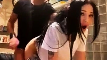 Small tit brunette amateur tugs on a big willie