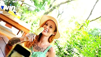 Redhead slut deepthroats dick, gets cum in mouth. Hardcore