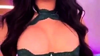 Busty curly brunette with big boobs fucks on couch